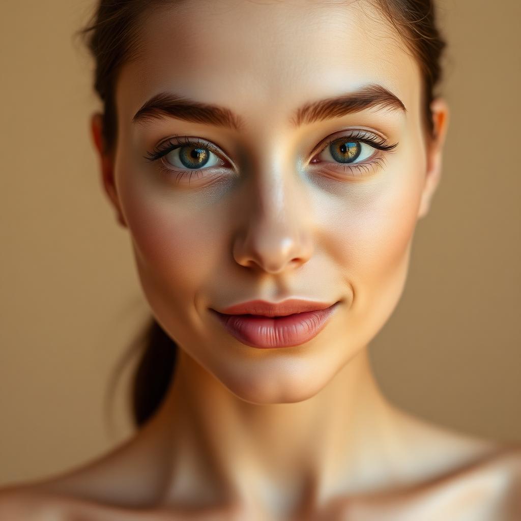 Retrato editorial de mulher jovem com pele saudável e expressão serena