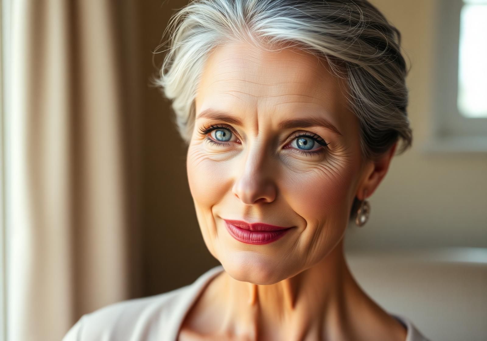 Retrato editorial de mulher madura com pele natural, luz suave e expressão serena