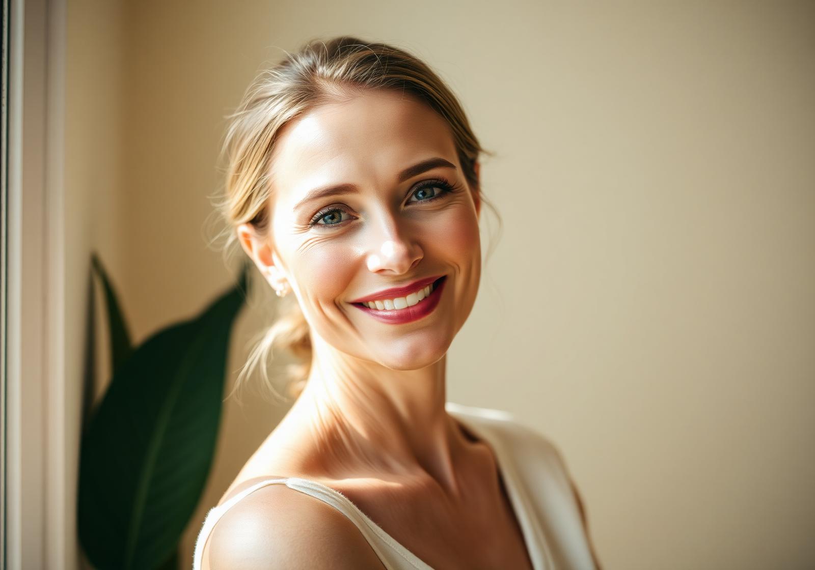 Retrato editorial de mulher sorrindo discretamente em luz natural, pele iluminada e expressão serena