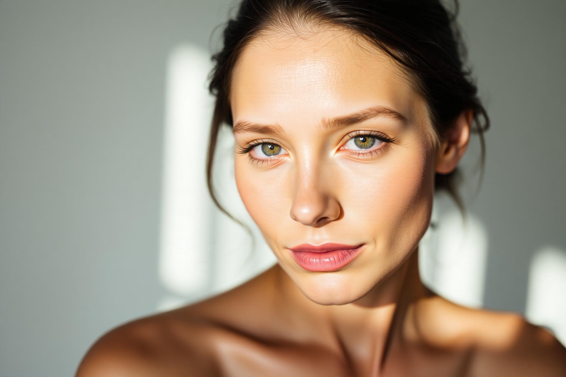 Retrato editorial de mulher em luz natural, com pele iluminada e traços delicados