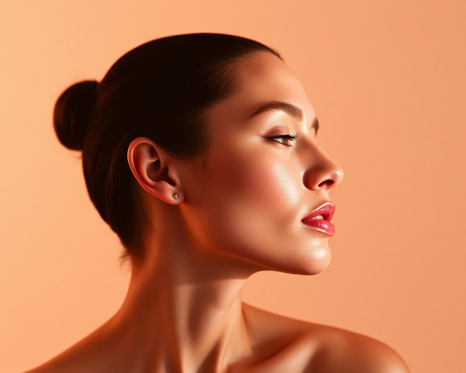 Retrato editorial de perfil com pele natural e renovada em luz suave