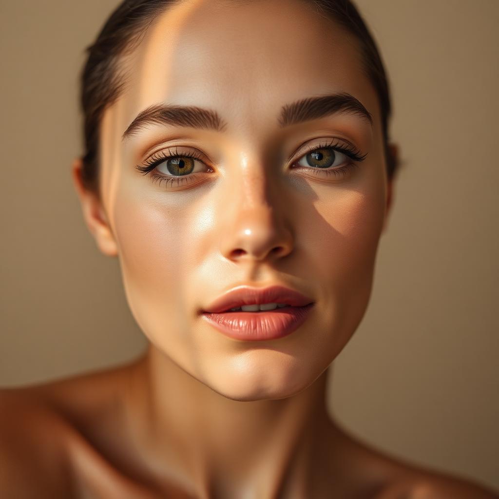 Retrato editorial de mulher com pele luminosa e renovada, tom uniforme