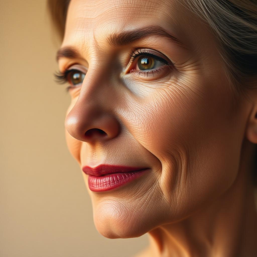 Retrato editorial de mulher madura com pele luminosa e expressão preservada