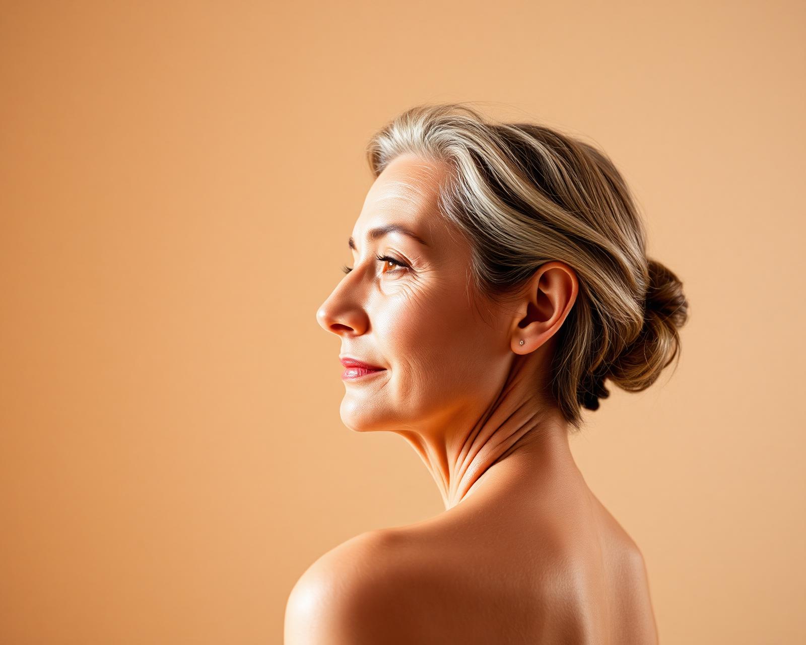 Retrato editorial de perfil com pescoço e contorno facial definidos